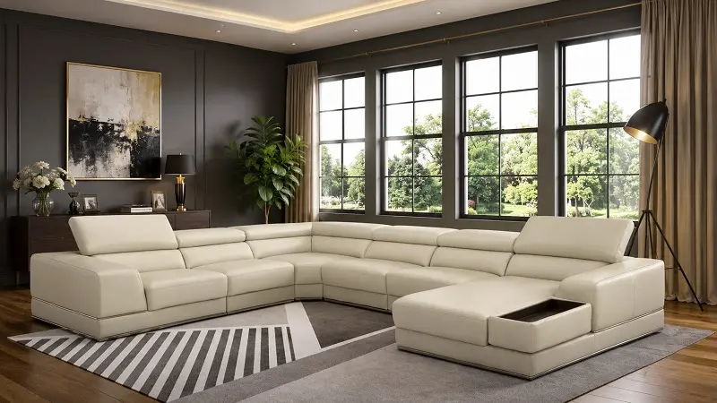 Large L shaped sofa in a spacious living room setting