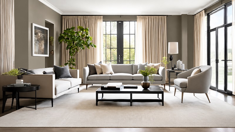 Structured boxy sofa with even arms and back height