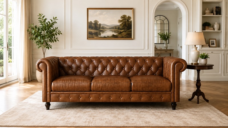 Tufted chesterfield sofa with rolled arms in a formal room