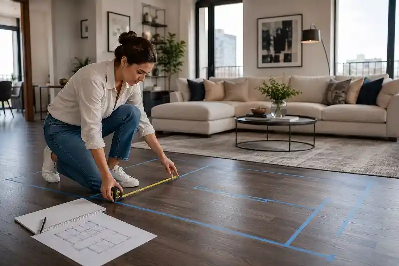 A girl measuring space for sofa