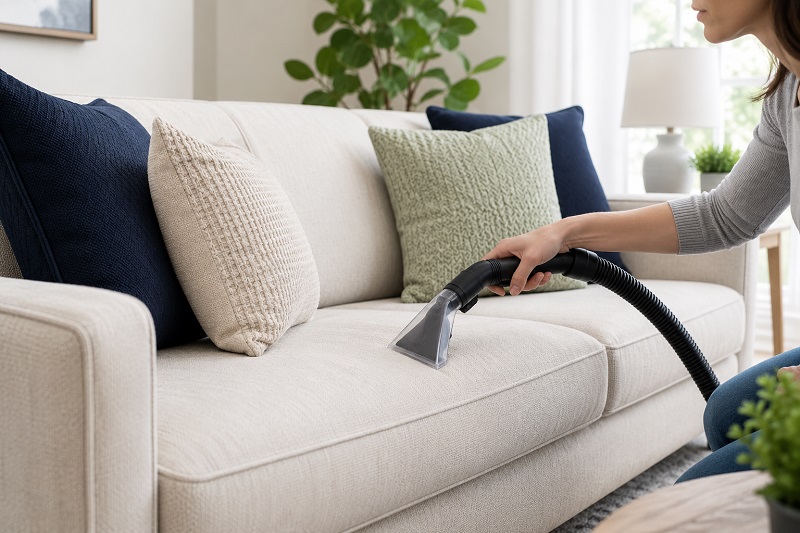 A girl vacuuming sofa upholstery