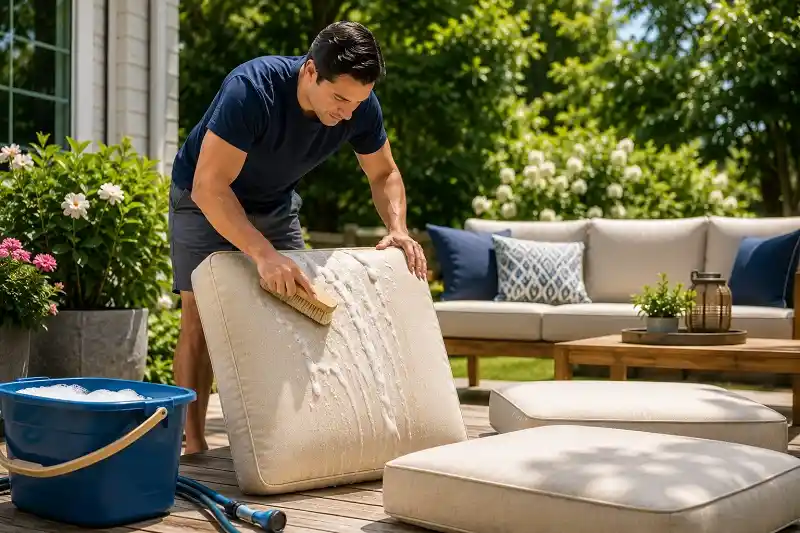 A man washing outdoor cushions
