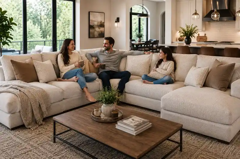 Cozy family living room with modern kitchen