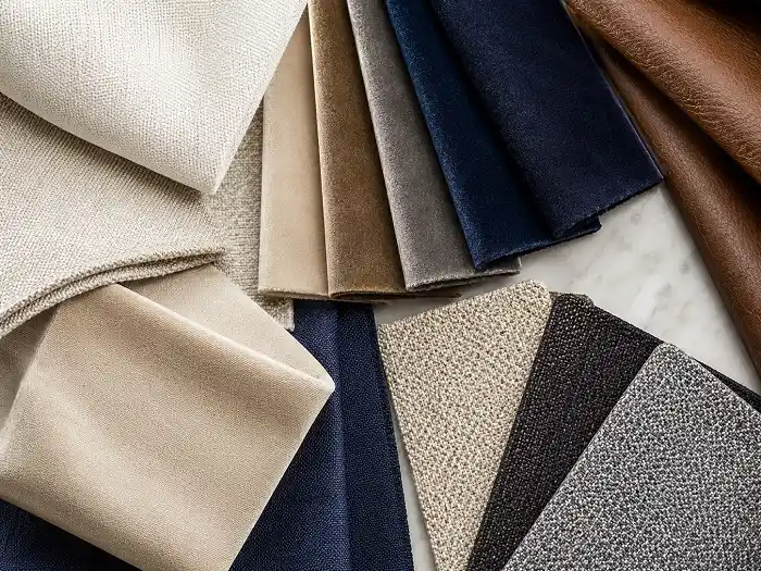 Textured fabric and leather swatches flatlay