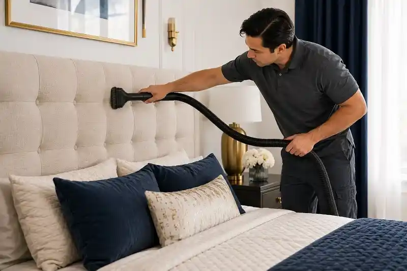 a man cleaning headboards upholstery
