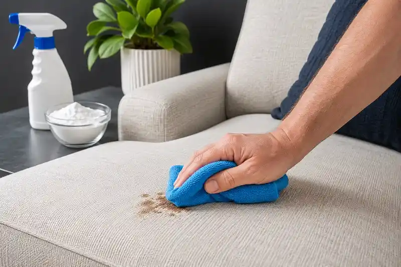 fabric sofa stain being blotted with a clean microfiber cloth