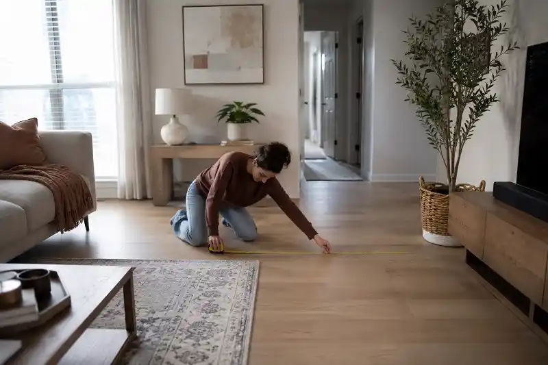 girl measuring living room for new furniture