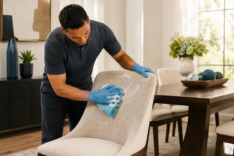 upholstered dining chair being cleaned with mild soap