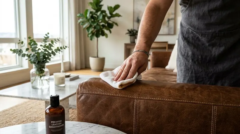 Applying leather conditioner to maintain a luxury leather sofa.