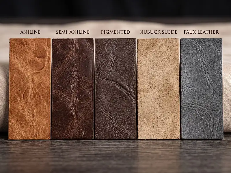 Comparison of aniline semi aniline pigmented suede and faux leather textures