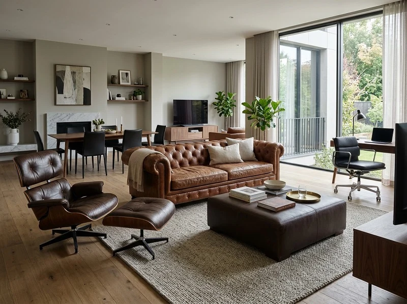 Different leather furniture types including sofa, recliner, dining chair and office chair
