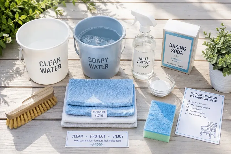 Flat-lay of outdoor furniture cleaning supplies including brushes, buckets, vinegar, and cloths