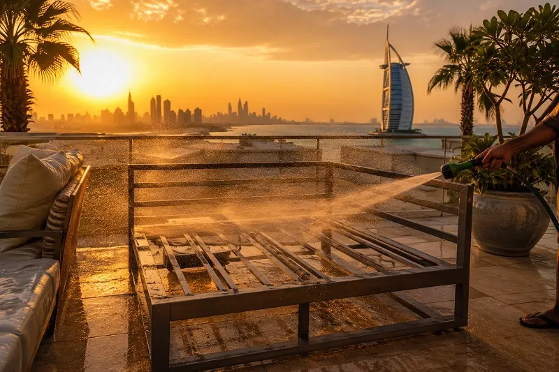 Golden sunset terrace with city view
