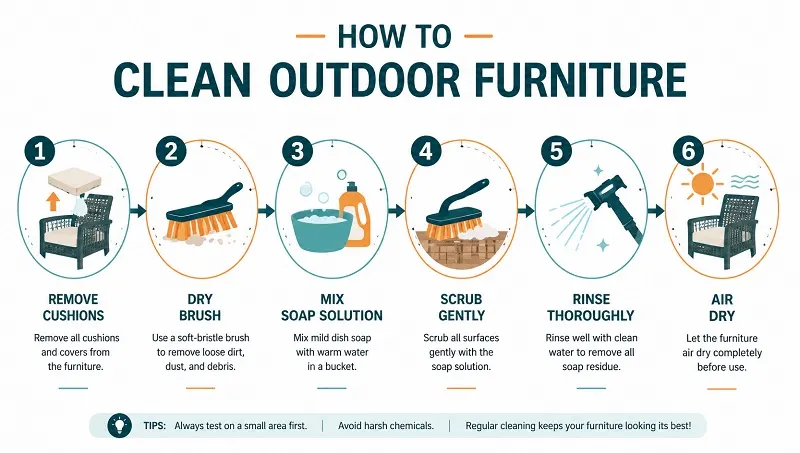 Infographic showing the 6-step process for cleaning outdoor furniture