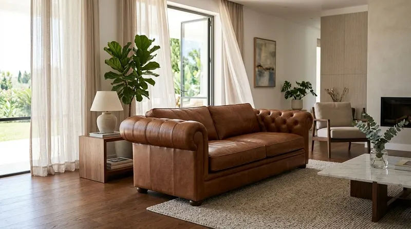 Leather sofa naturally air drying in a well-ventilated modern living room.