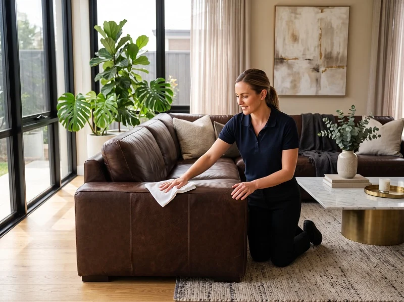 Professional cleaning of a luxury leather sofa using a microfiber cloth