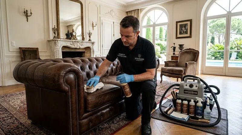 Professional upholstery technician cleaning luxury leather furniture