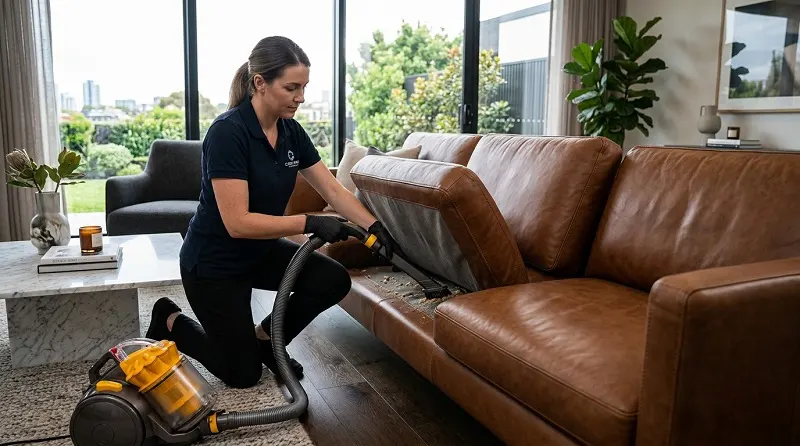 Professional vacuuming of a leather sofa before cleaning.