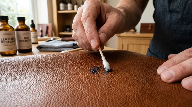 Removing ink stain from leather sofa using cotton swab