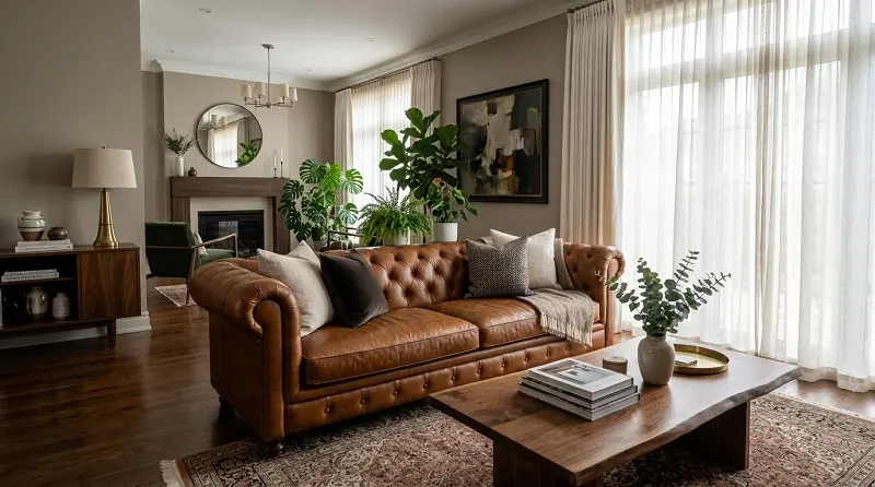 Well maintained leather sofa near natural sunlight in a modern living room