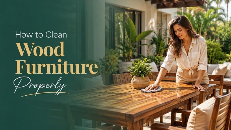 Woman cleaning outdoor wood furniture properly