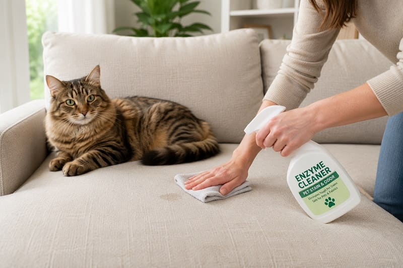 Cat sitting on clean sofa