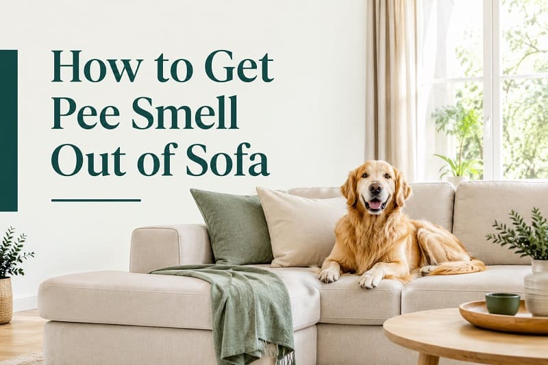 Sofa, dog and text How to Get Pee Smell Out of Sofa