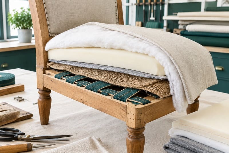 Chair seat padding and webbing layers