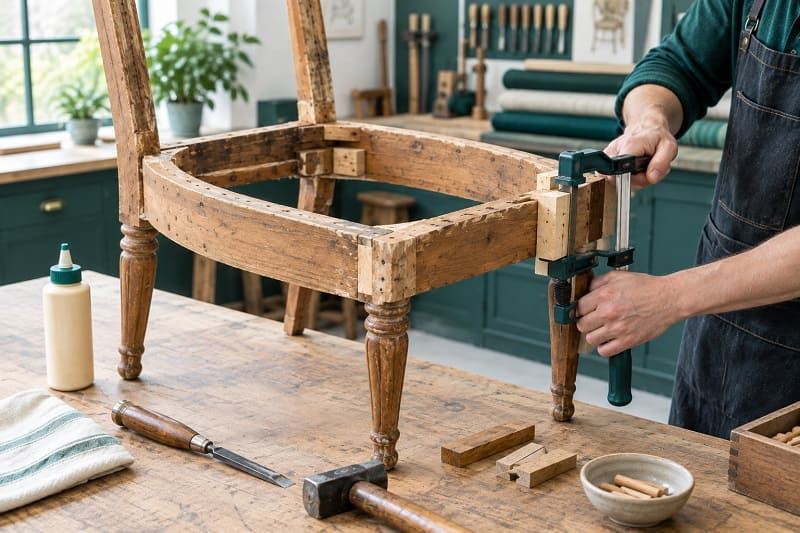 Repairing a chair frame before reupholstery